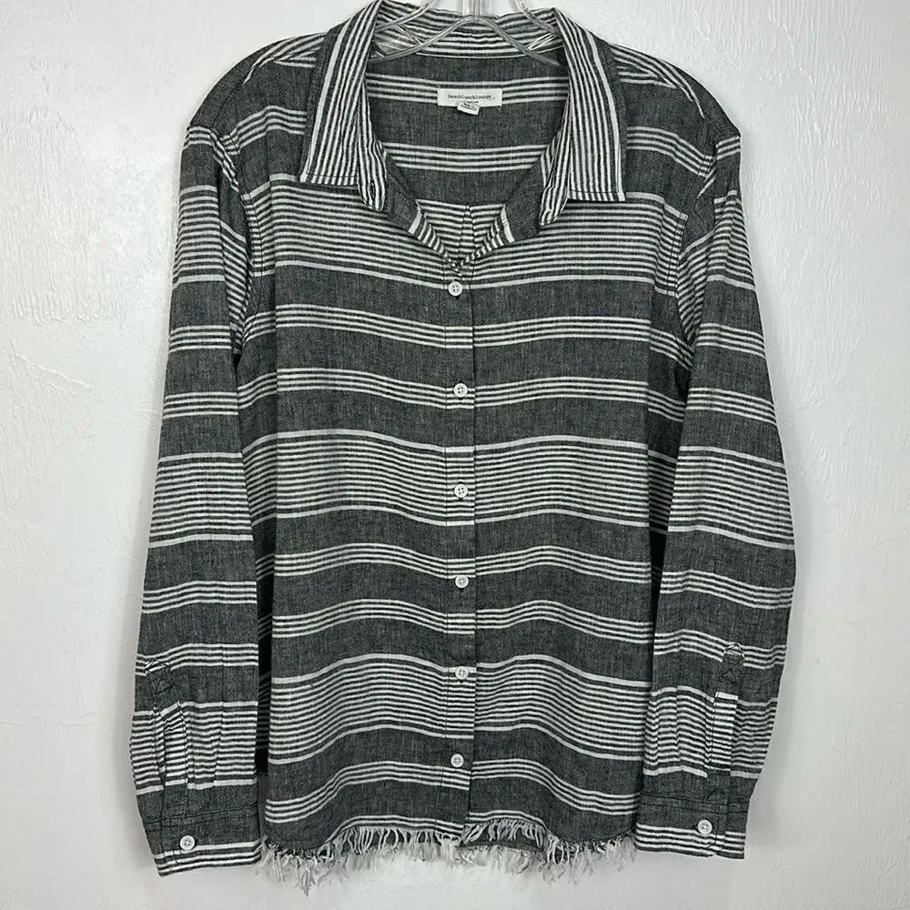 Beachlunchlounge White Gray Striped Frayed Hem Button Down Shirt Size XL